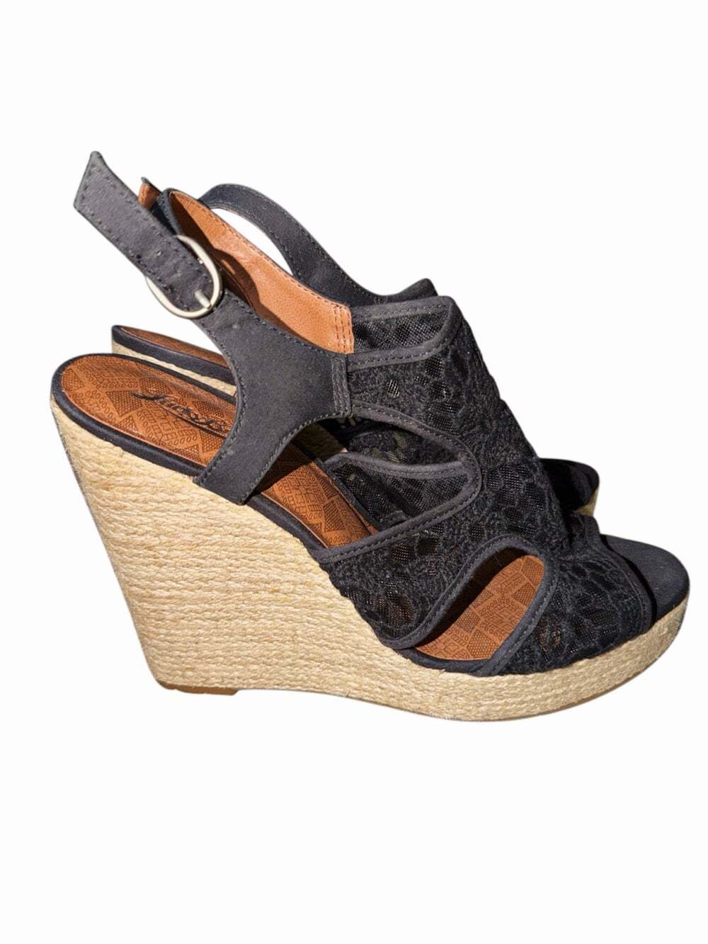 Lucky Brand Women's Size 10 Black Lace Wedge Ankle Strap High Heels